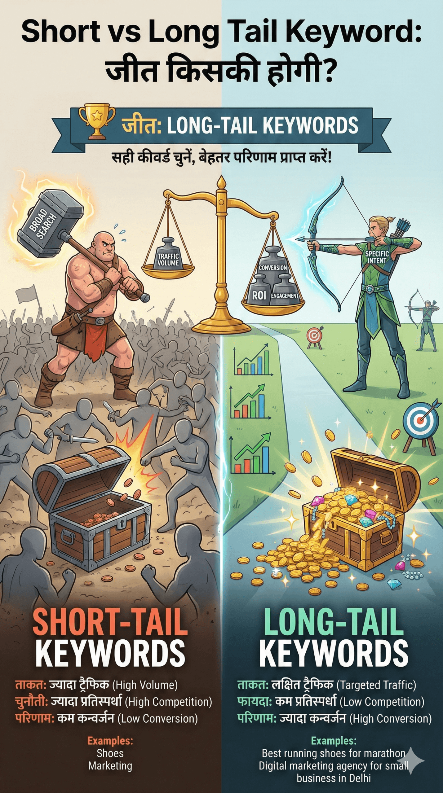 Long tail keywords vs short tail keywords search concept magnifying glass