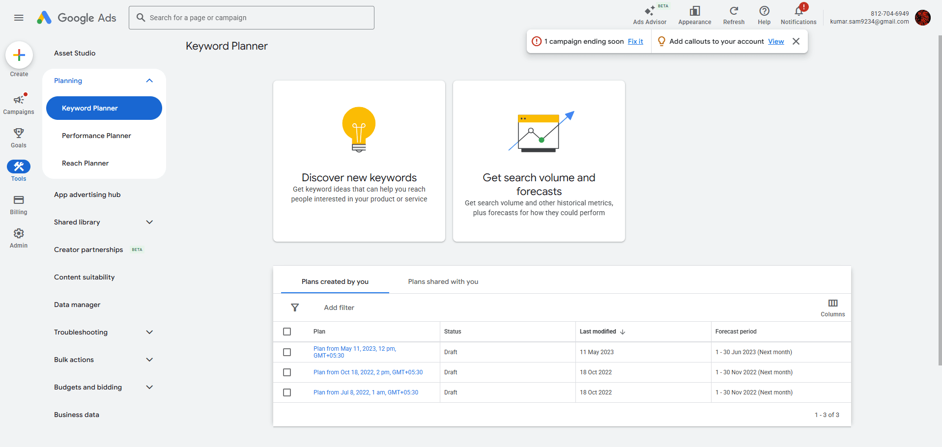 keyword planner dashboard