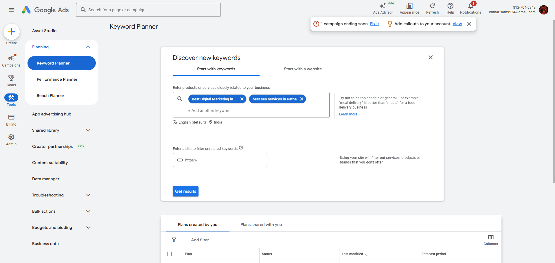 keyword planner discover keyword