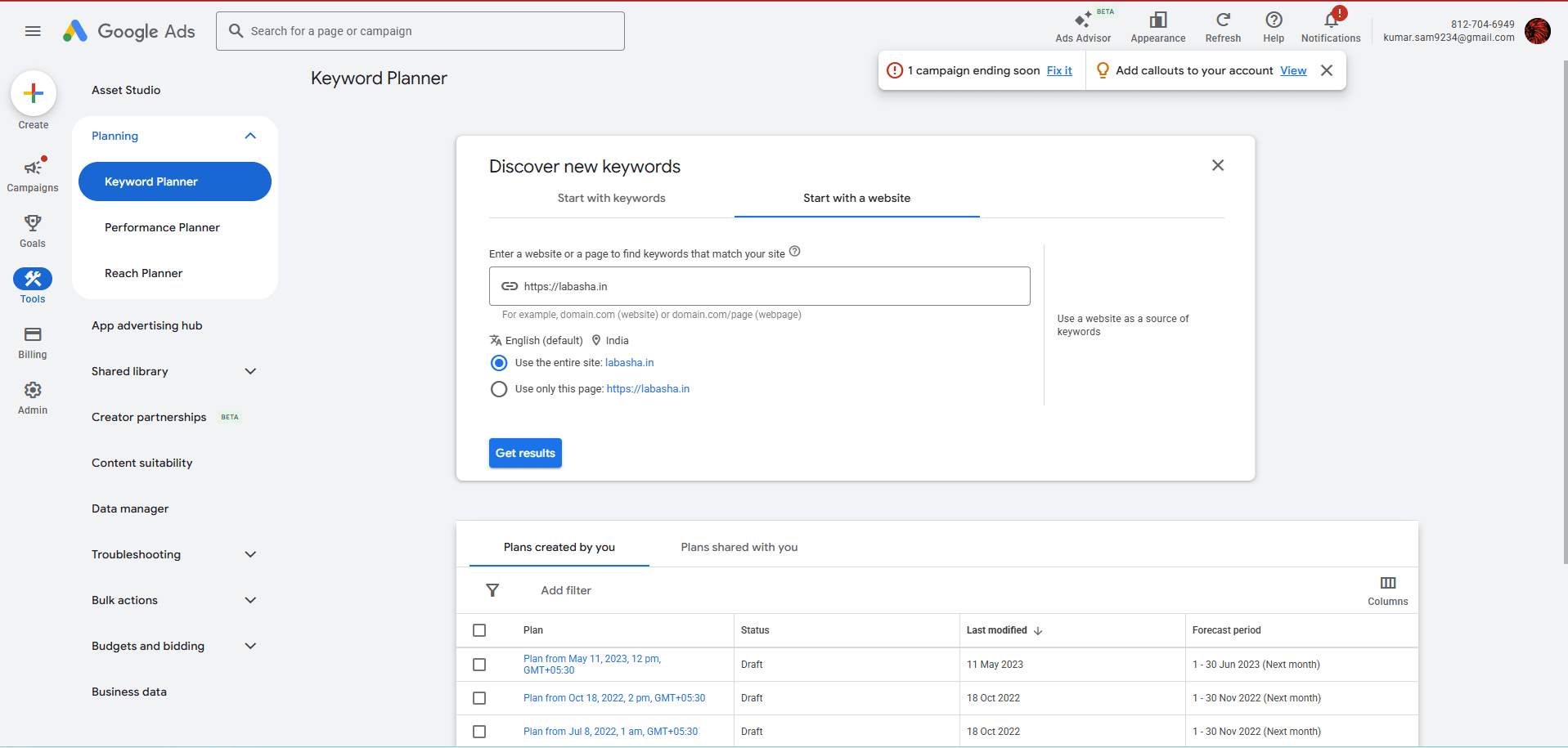 keyword planner website url